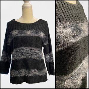 Black Sweater w Grey Eyelash Stripes, Waist Length, Love By Design, Like-New